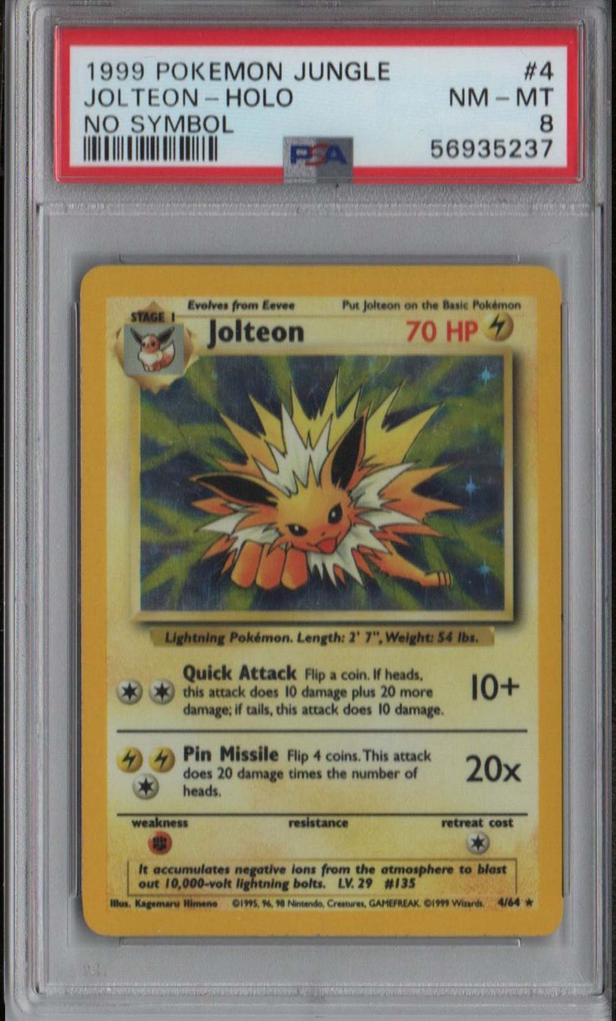 PSA 8 Jolteon Holo No Symbol #4 Jungle 1999