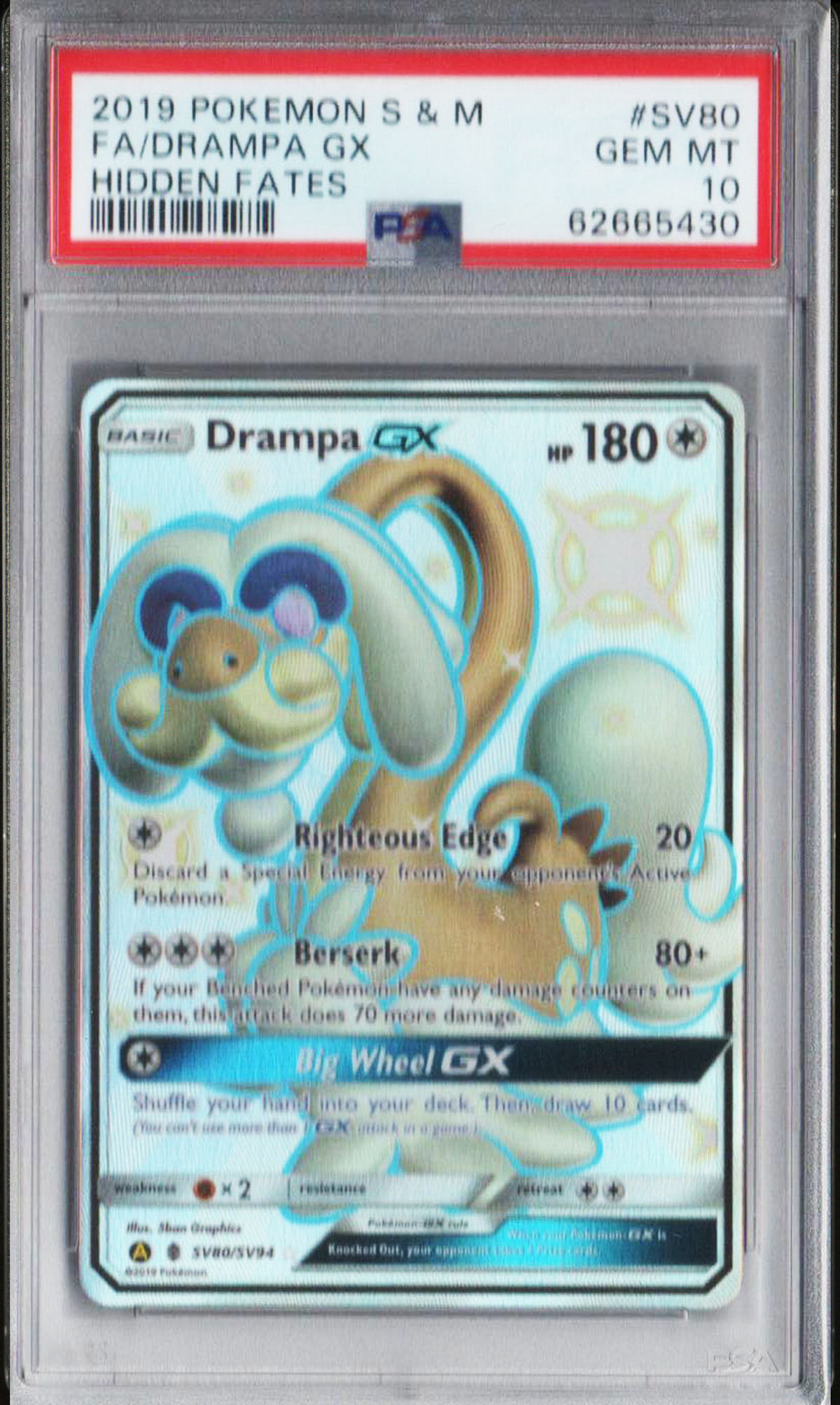 PSA 10 Drampa GX Full Art #SV80 Hidden Fates EN 2019