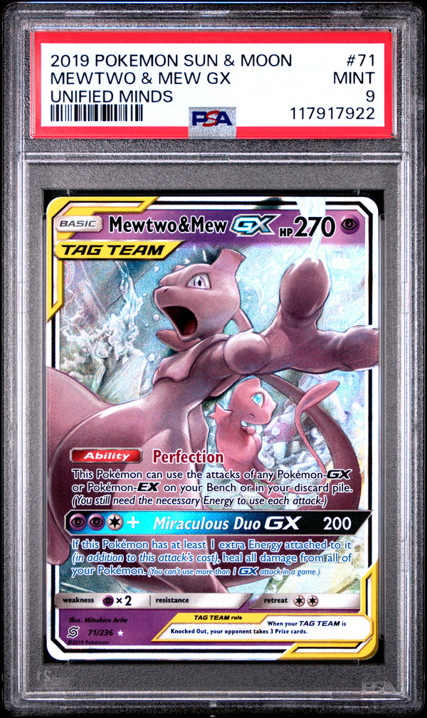 PSA 9 Mewtwo & Mew GX #71 Unified Minds EN 2019