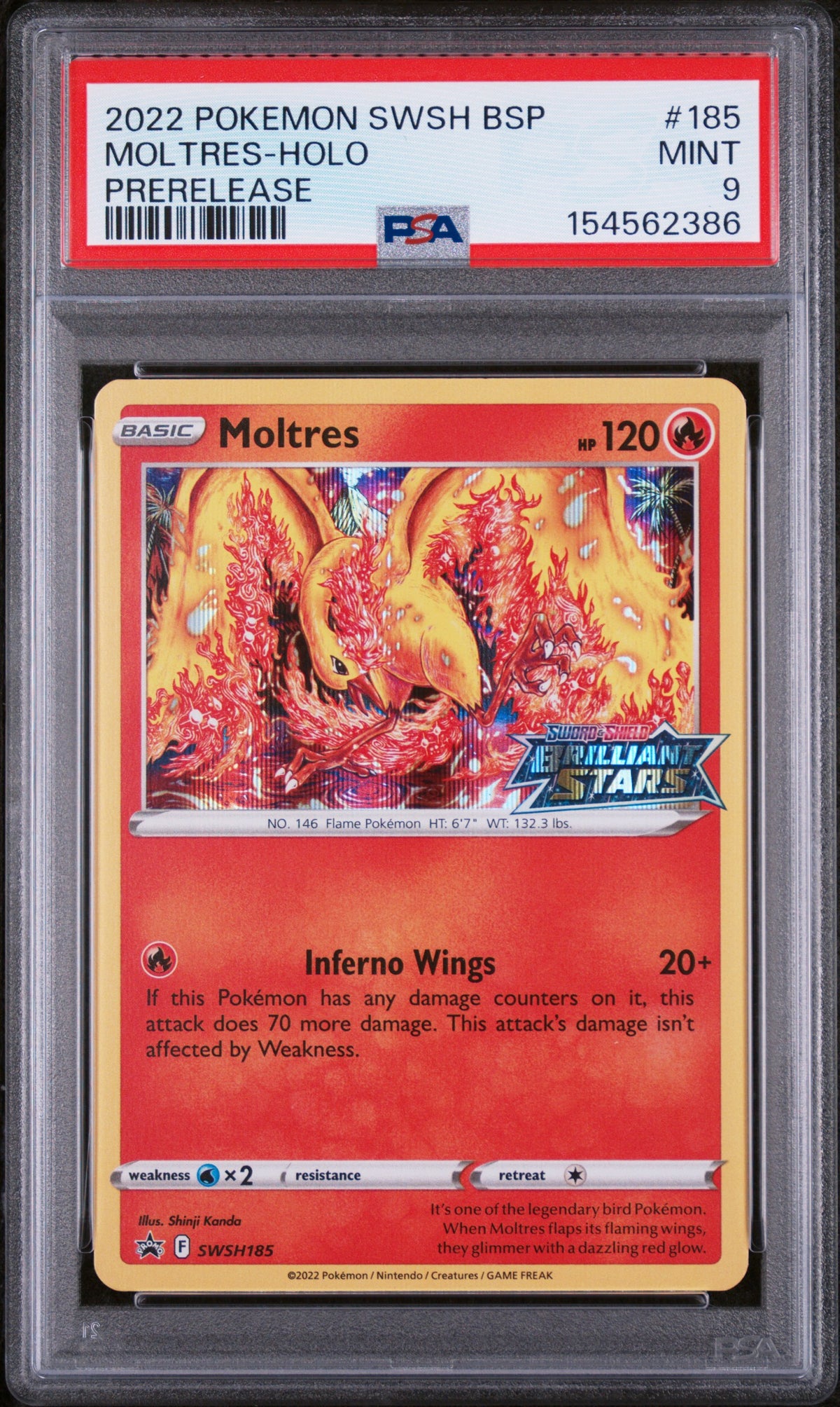 PSA 9 Moltres Holo #185 SWSH Black Star Promo Brilliant Stars Prerelease 2022