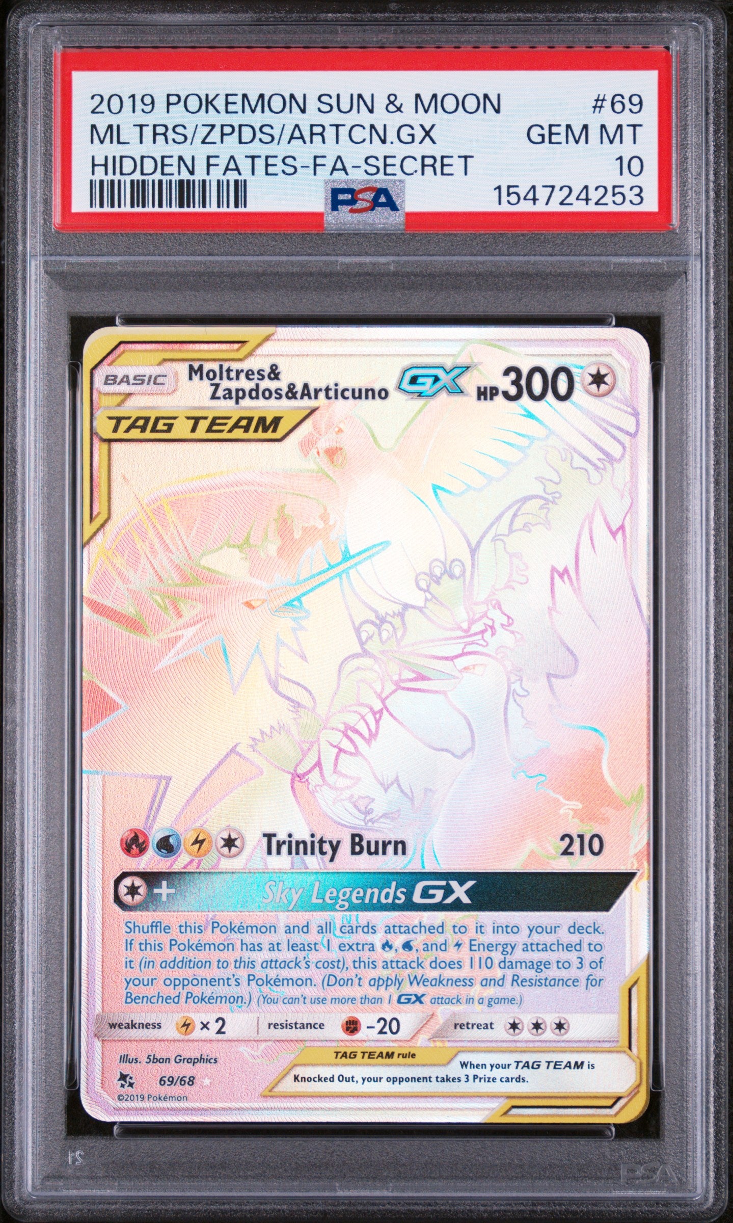 PSA 10 Moltres & Zapdos & Articuno GX FA Secret #69 Hidden Fates 2019