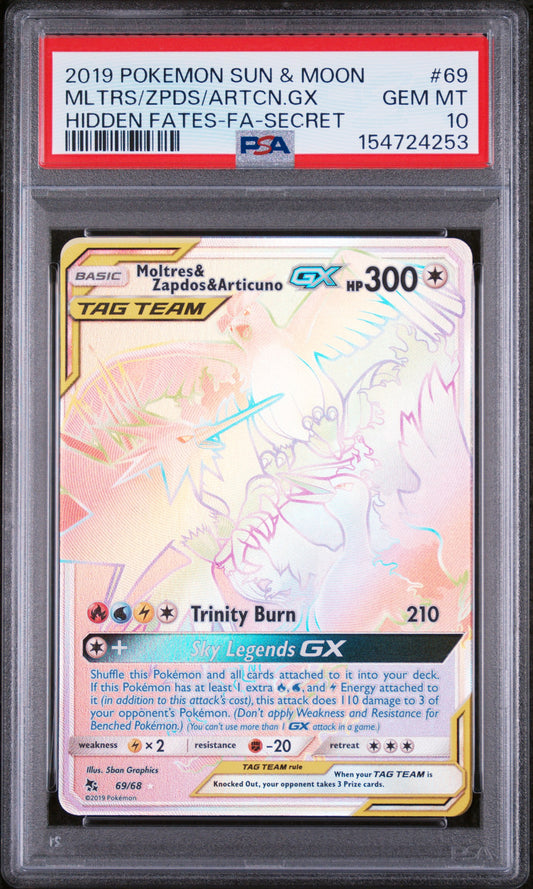 PSA 10 Moltres & Zapdos & Articuno GX FA Secret #69 Hidden Fates 2019