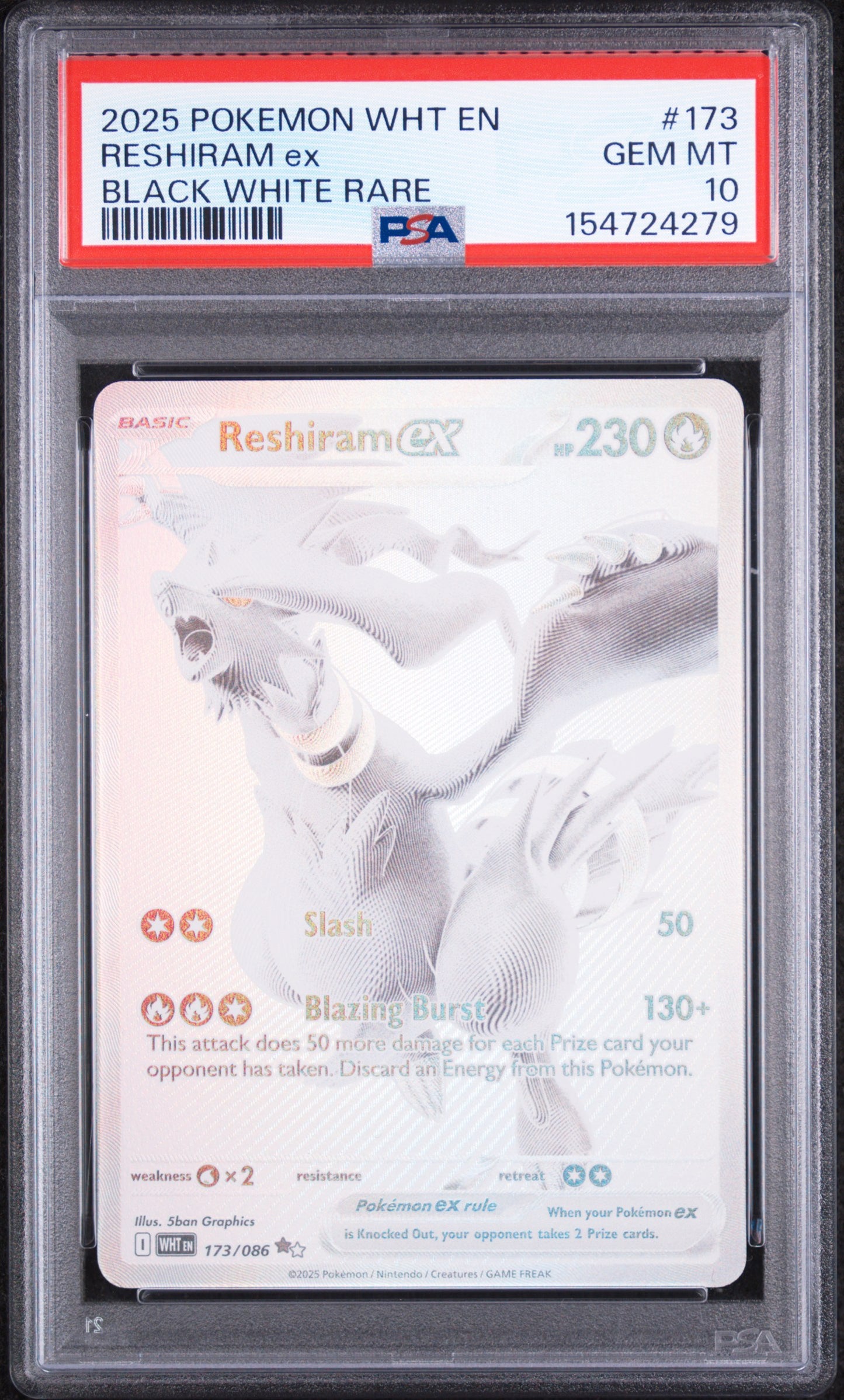 PSA 10 Reshiram ex Black White Rare #173 WHT EN 2025