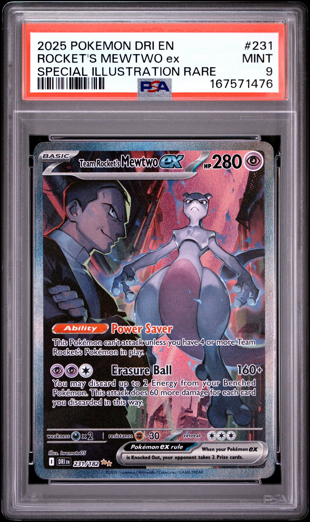 PSA 9 Team Rocket's Mewtwo ex Special Illustration Rare #231 DRI EN 2025