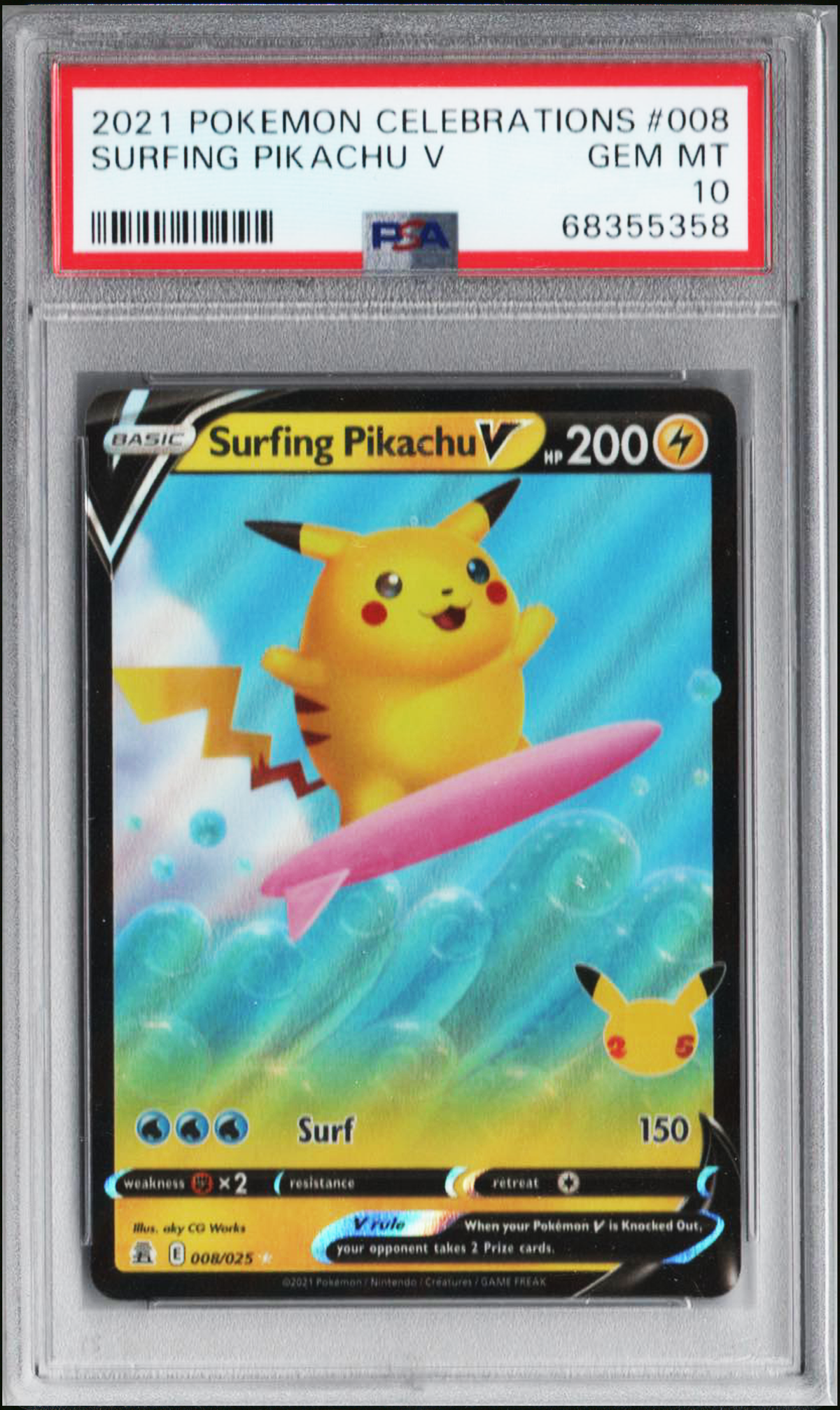 PSA 10 Surfing Pikachu V #008 Celebrations EN 2021