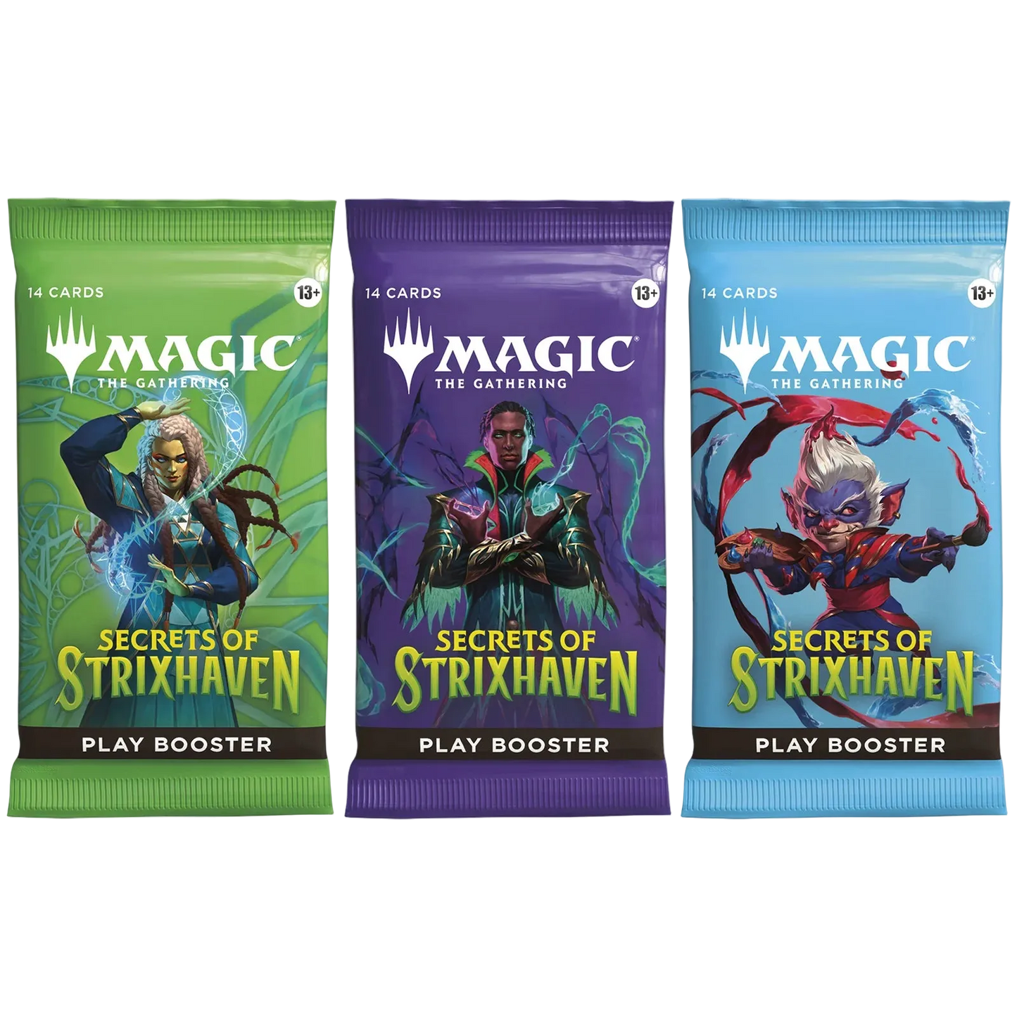 Three 'Magic: The Gathering' booster packs titled 'Secrets of Strixhaven' on a white background.