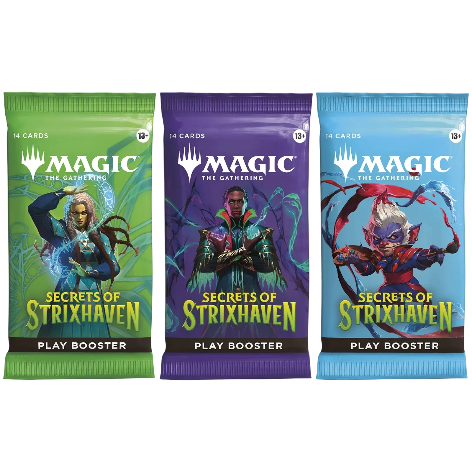 Three 'Magic: The Gathering' booster packs titled 'Secrets of Strixhaven' on a white background.