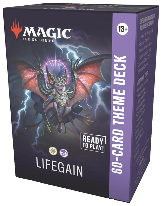 Card game box for 'Lifegain' theme deck from 'Magic: The Gathering' with dragon illustration on a dark background.