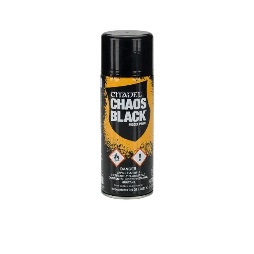 Citadel Chaos Black spray paint can on a white background