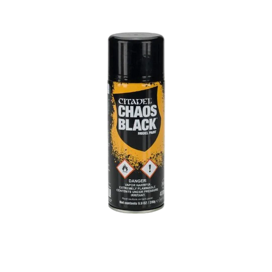Citadel Chaos Black spray paint can on a white background
